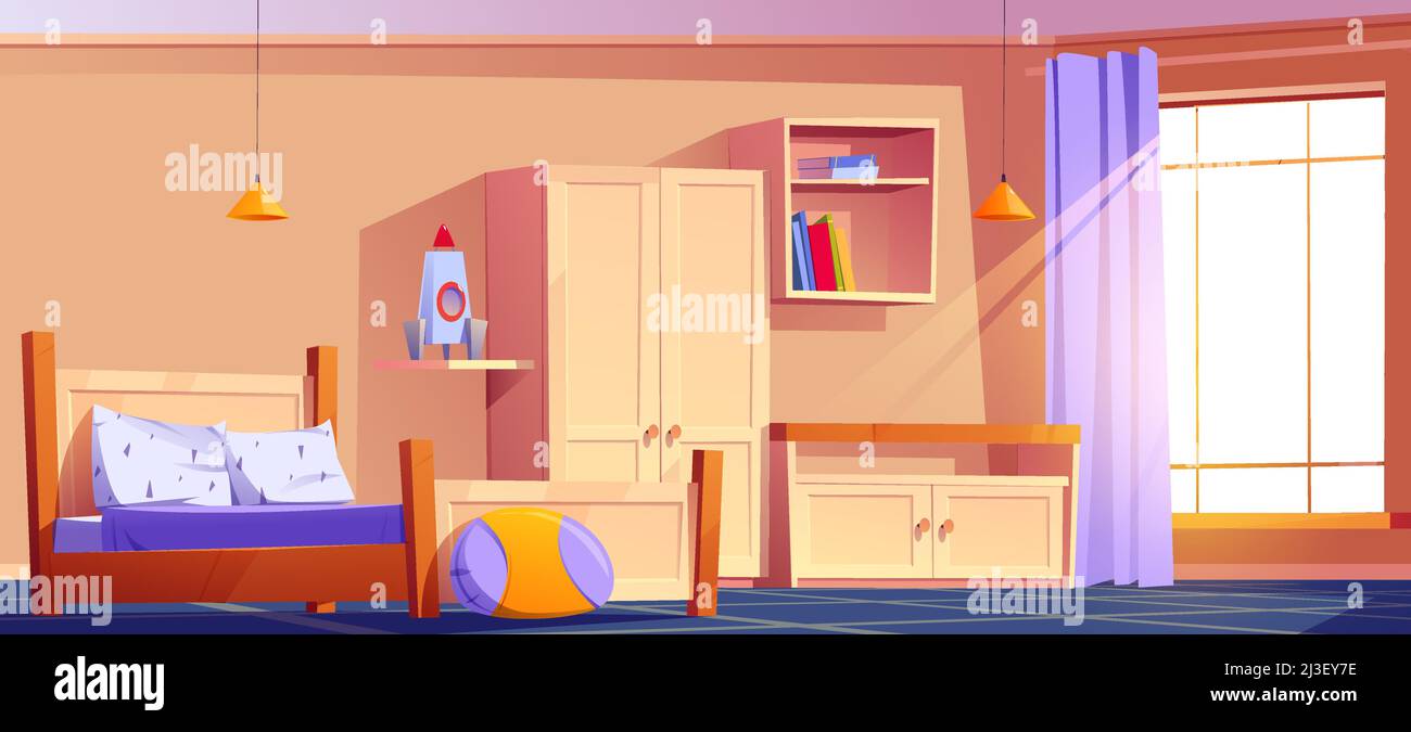 Kinderzimmer, leeres Kinderzimmer im Innenbereich mit Bett, Kissen auf Teppich, Schrank, Rucola-Spielzeug und Büchern auf Regalen, Holzmöbeln und breiter Curtaine Stock Vektor