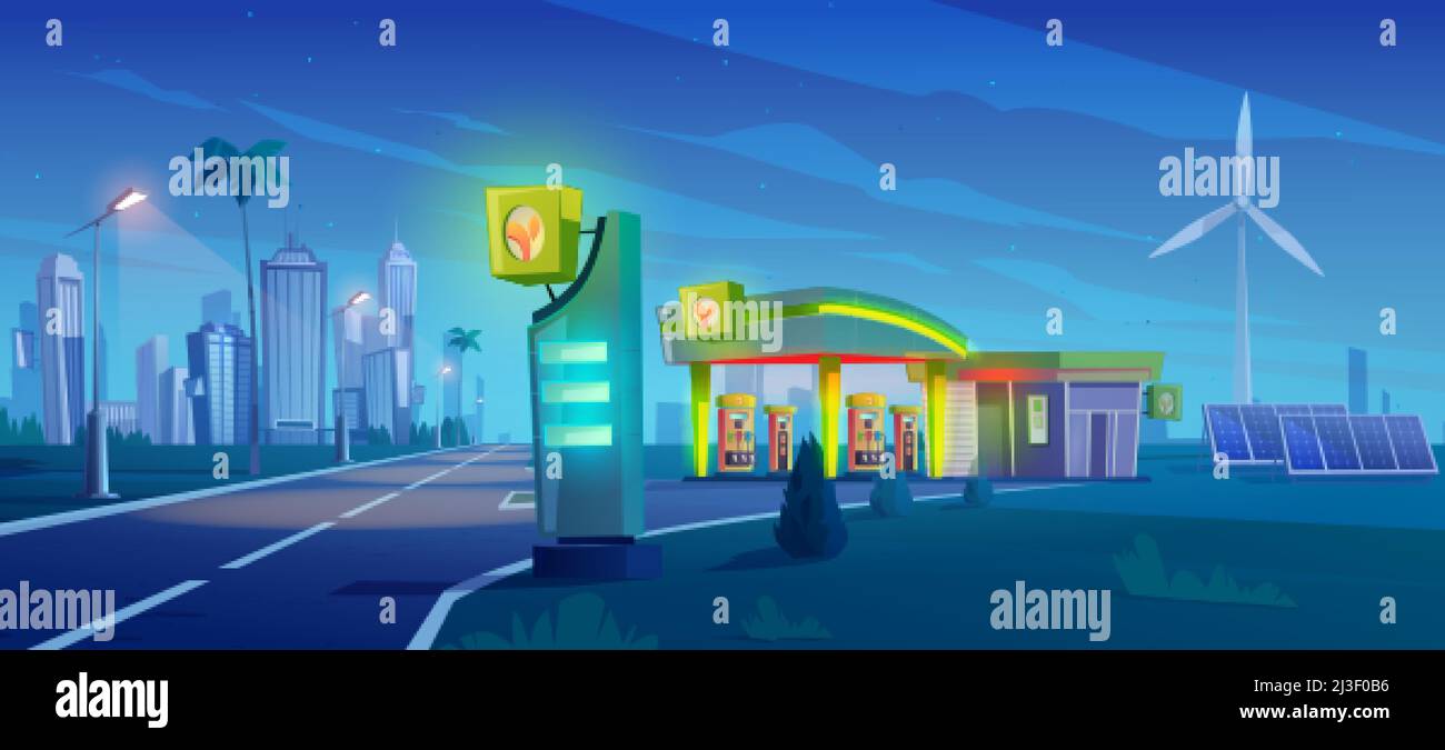 Gas- und Ladestation mit Ölpumpe, Kabel mit Stecker für Elektroauto, Solarzellen und Windkraftanlagen auf dem Weg in die Stadt. Vektor Cartoon Nacht Landschaft Stock Vektor