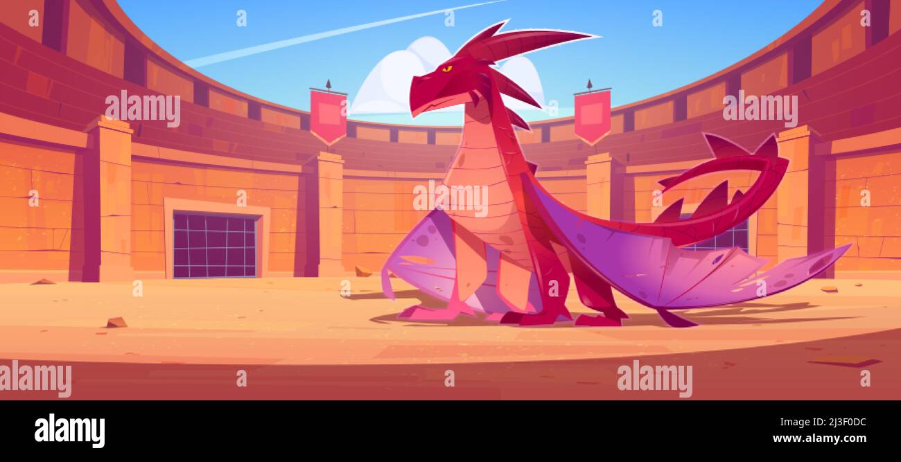 Roter Drache auf alten Arena für Gladiatoren kämpfen. Vektor Cartoon Fantasy Illustration der Kampf Amphitheater mit Steinsäulen, Fahnen und beängstigend mag Stock Vektor