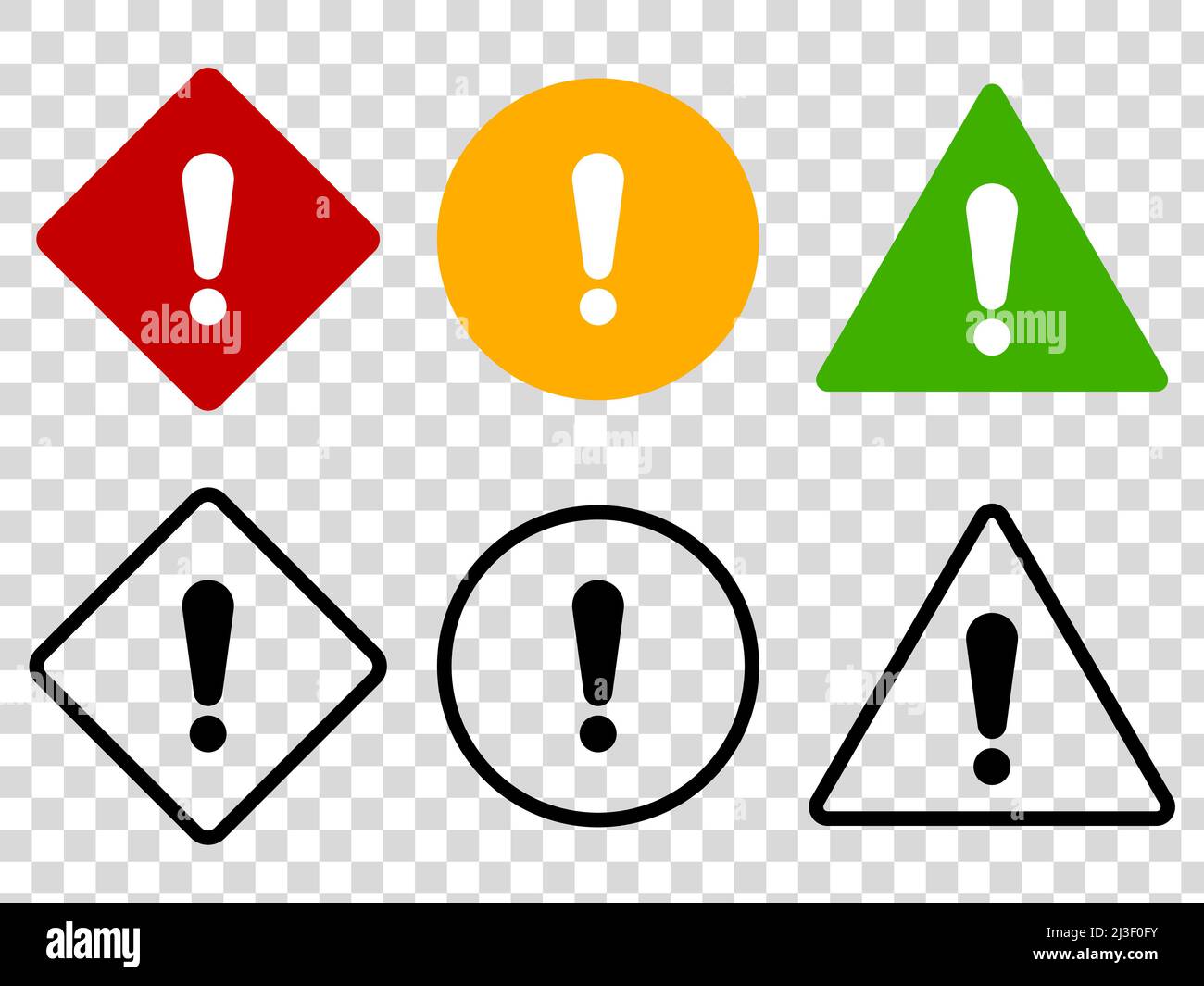 Satz von flachen Ausrufezeichen, Schaltflächen auf isoliertem Hintergrund. Grün rot gelb Vektor-Symbole des Kreises, Rautendreieck. EPS 10 Stock Vektor