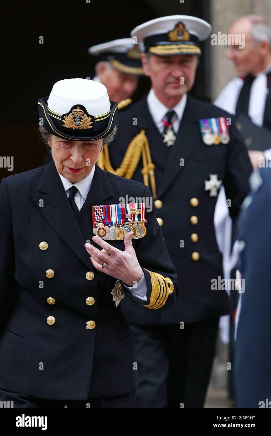 Die Prinzessin Royal, Prinzessin Anne nimmt an einem Gottesdienst zum 40.. Jahrestag der Falklands in London am 5. April 2022 Teil. Stockfoto