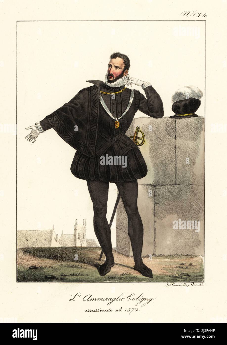 Gaspard II. De Coligny, 1519-1572, Seigneur de Châtillon, französischer Adliger und Admiral von Frankreich. Der Anführer der Hugenotten wurde während des Massakers zum St. Bartholomäus-Tag ermordet. L'Amiral Coligny, Assassine en 1572. Handkolorierte Lithographie von Lorenzo Bianchi und Domenico Cuciniello nach Hippolyte Lecomte aus Costumi civili e militari della monarchia francese dal 1200 al 1820, Neapel, 1825. Italienische Ausgabe von Lecomtes zivilen und militärischen Kostümen der französischen Monarchie von 1200 bis 1820. Stockfoto