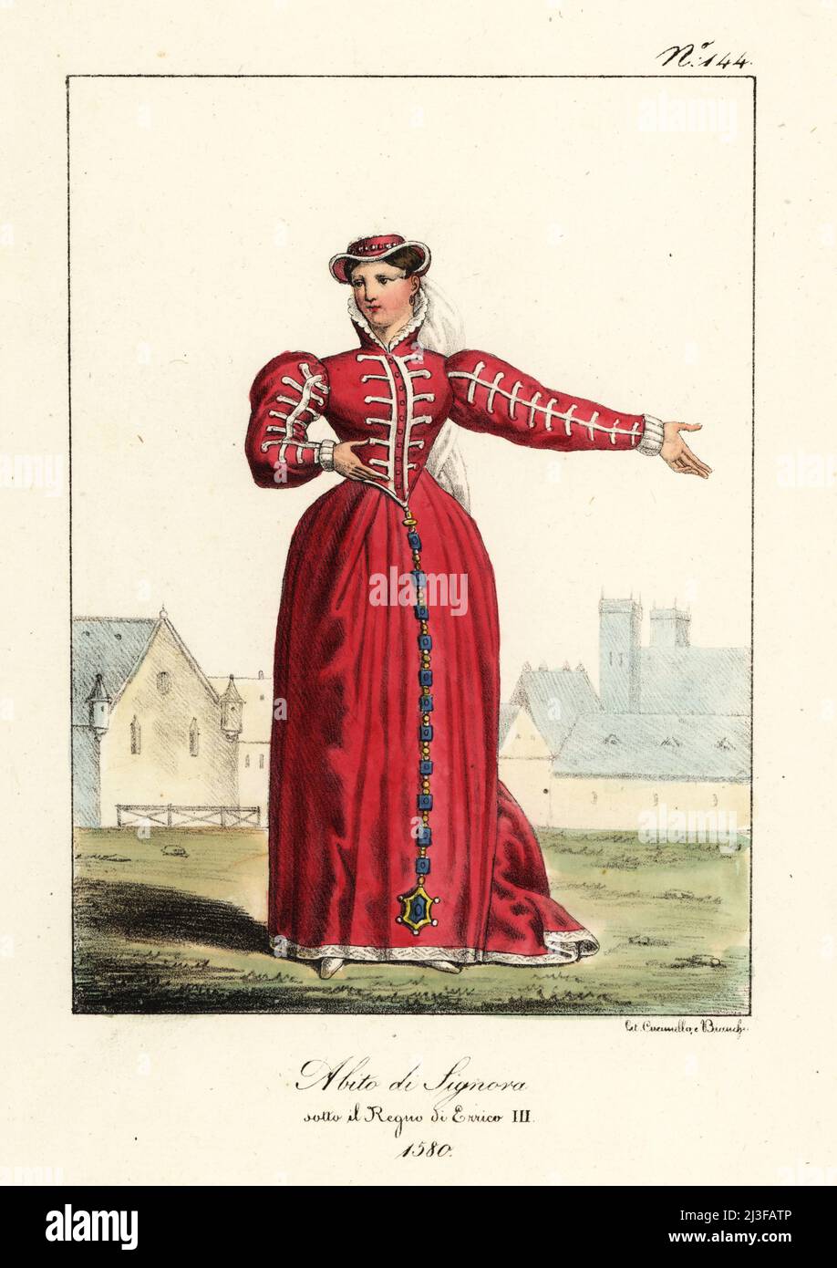 Kostüm einer Dame in der Regierungszeit von König Heinrich III von Frankreich, 1580. Kleid mit hohem Kragen und gestickten Ärmeln und Mieder. Costume de Dame sous le Regne de Henri III. Handkolorierte Lithographie von Lorenzo Bianchi und Domenico Cuciniello nach Hippolyte Lecomte aus Costumi civili e militari della monarchia francese dal 1200 al 1820, Neapel, 1825. Italienische Ausgabe von Lecomtes zivilen und militärischen Kostümen der französischen Monarchie von 1200 bis 1820. Stockfoto