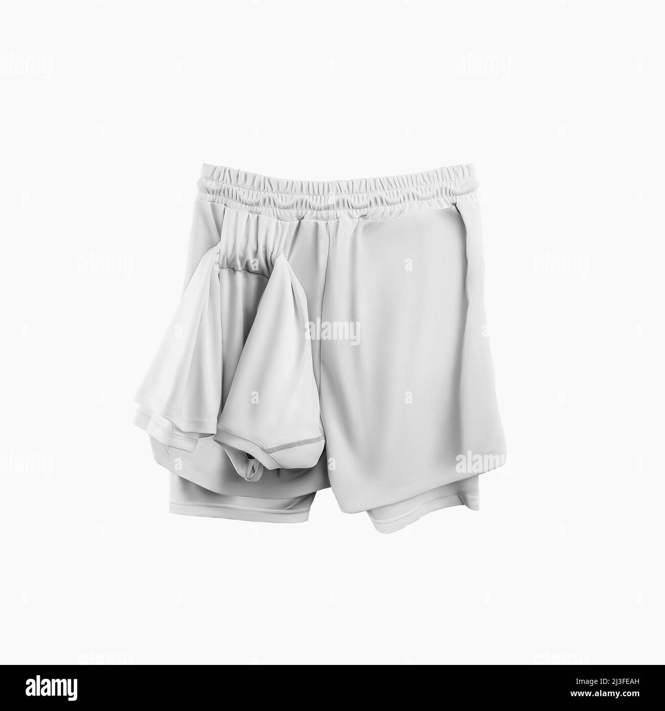 Modell aus weißen, lockeren Shorts mit Kompressionslinie, mit T-Shirt-Schlaufe, Rückansicht. Sportswear-Vorlage mit Unterhose isoliert auf Hintergrund Stockfoto