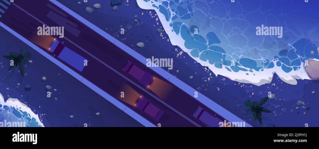 Blick von oben auf die Meerenge mit Autostraße in der Nacht. Vektor-Cartoon-Illustration der Luftaufnahme der tropischen Landschaft von Landbrücke mit Sandstrand, Palmen Stock Vektor
