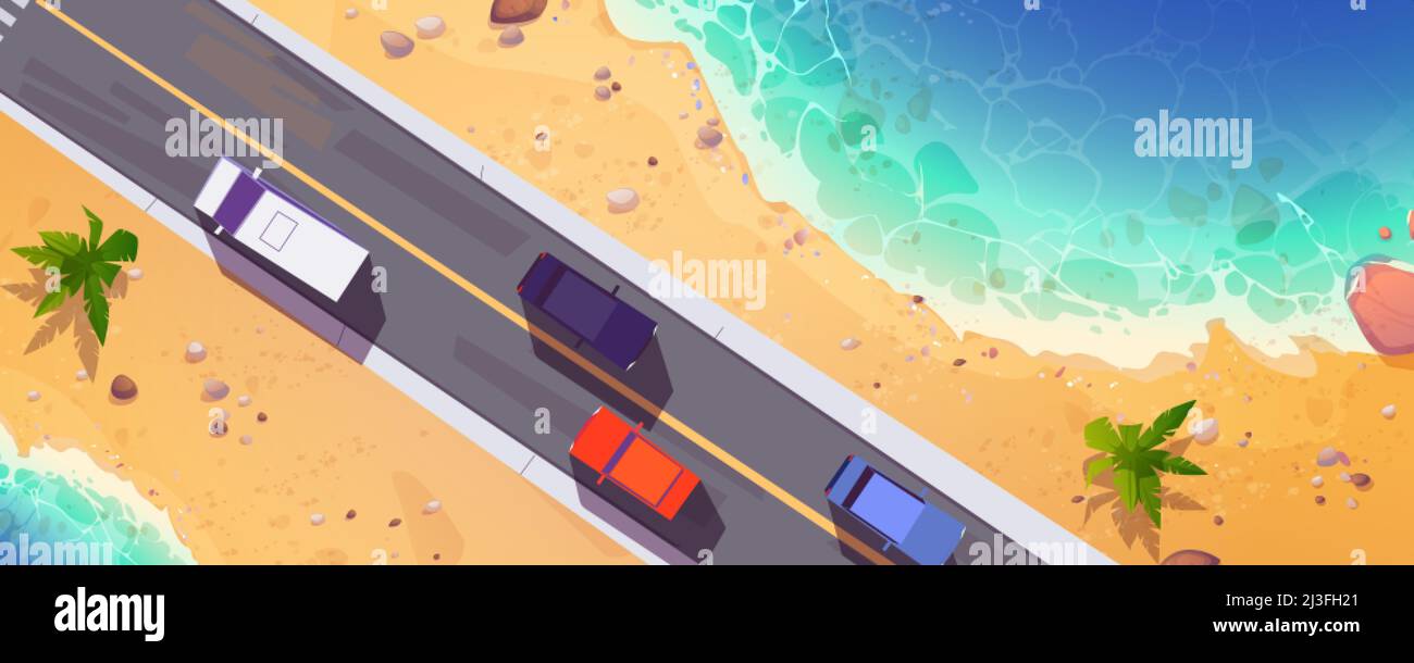 Straße mit Autos Draufsicht, gerader zweispuriger Highway am Strand mit Sand und Palmen. Cartoon über dem Kopf Hintergrund mit Fahrzeugen fahren auf Asphala Stock Vektor