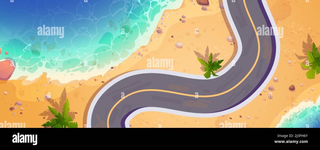 Blick von oben auf die Meerenge mit einer kurvenreichen Straße. Vektor-Cartoon-Illustration der Sommer tropischen Landschaft der Landbrücke mit Sandstrand, Palmen und Emp Stock Vektor