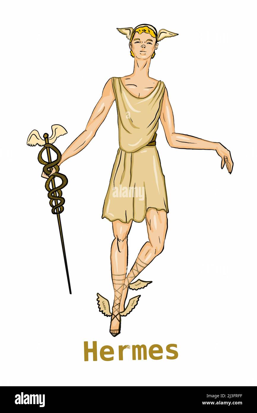 Griechische Mythologie Götter, Hermes, Illustration, weißer Hintergrund, Linienzeichnung. Stockfoto
