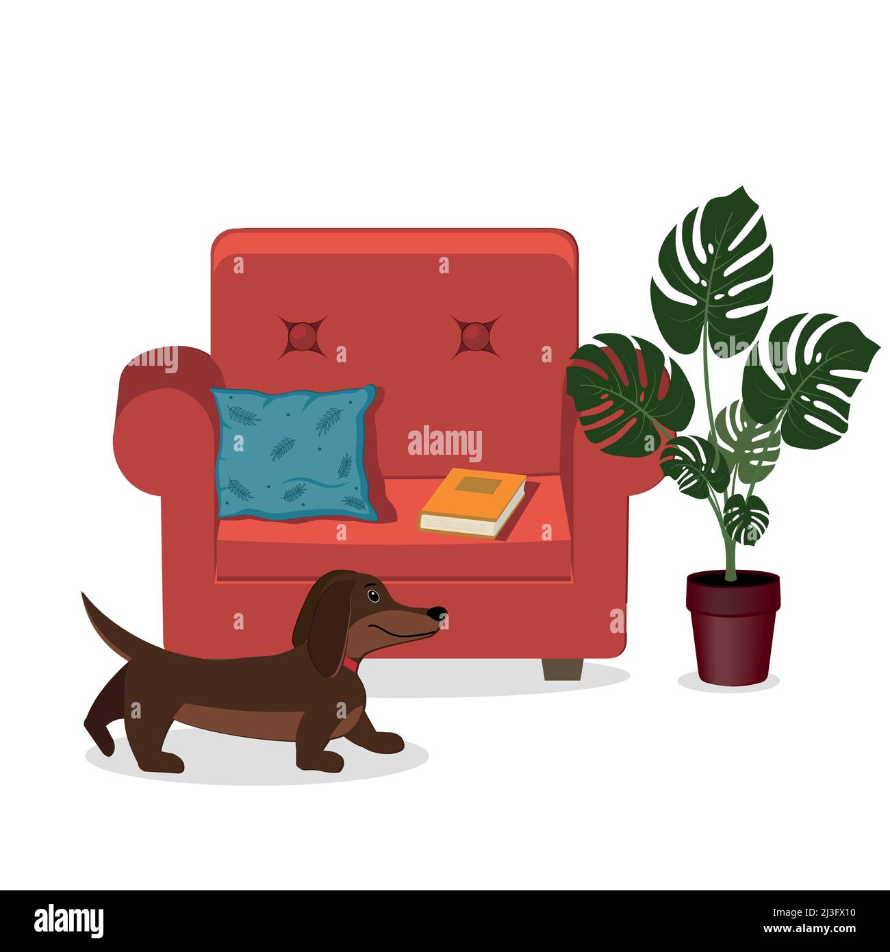 Home Innenstuhl, Blume und Hund, Farbe Vektor Illustration flach Stock Vektor