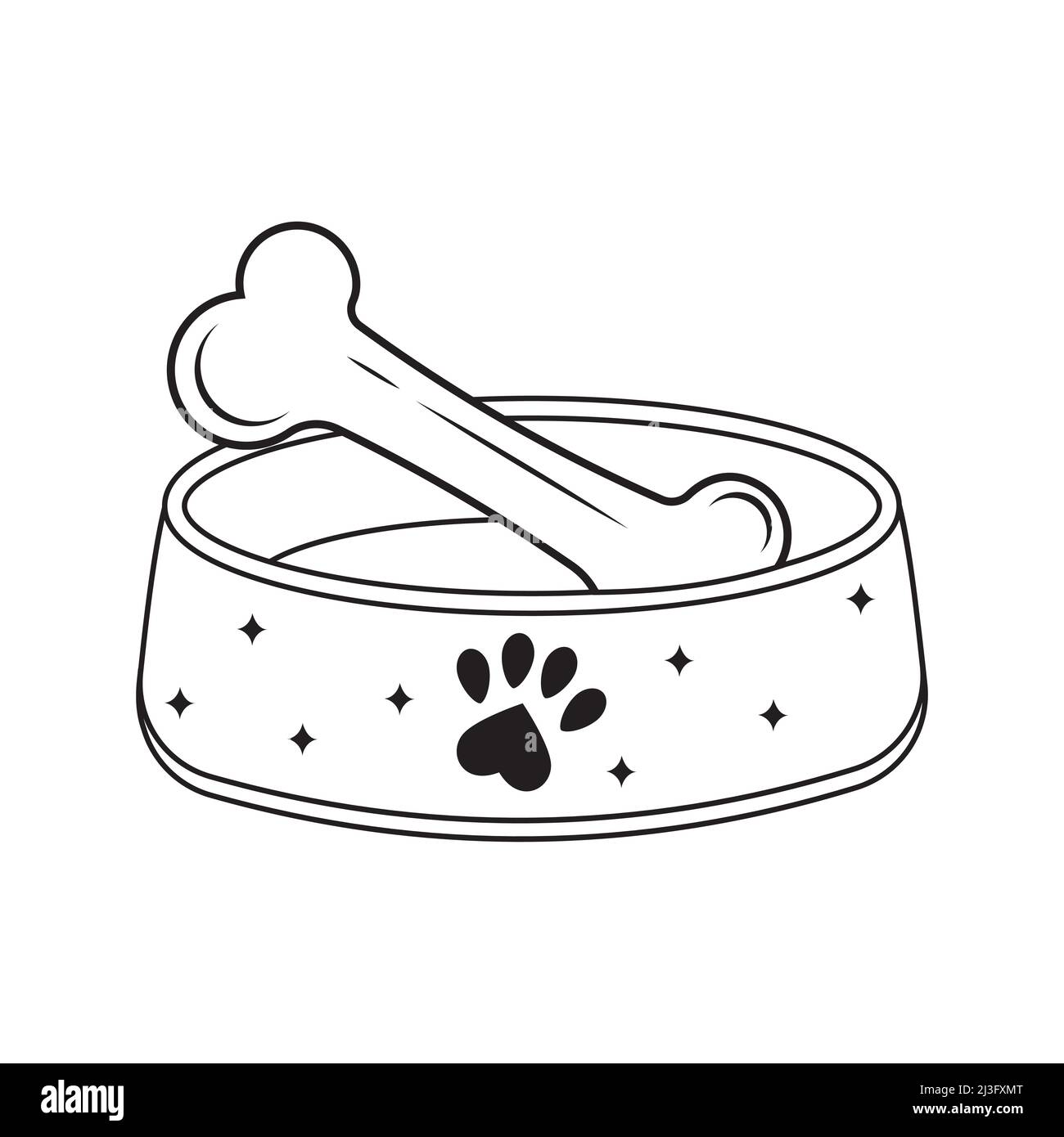 Eine Schale mit Knochen für Hunde und Katzen. Vektordarstellung eines schwarzen Umrisses isoliert auf weißem Hintergrund Stock Vektor