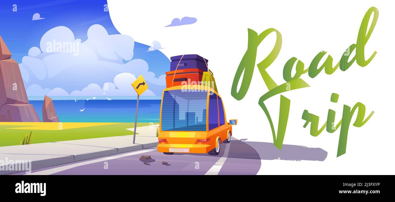 Road Trip Poster mit Auto auf der Straße zum Strand. Vektor-Banner von Reisen, Sommerferien und Reise mit Cartoon-Illustration der Meeresküste Landschaft Stock Vektor