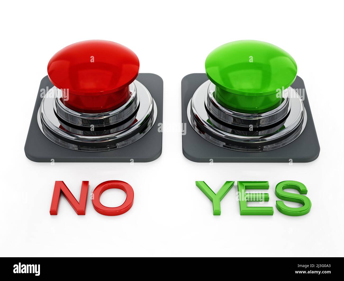 Auf weißem Hintergrund isolierte Tasten „Ja“ und „Nein“. 3D Abbildung. Stockfoto