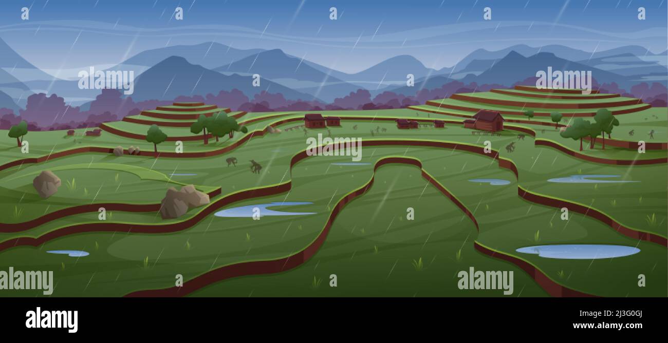 Im Regen arbeiten Menschen auf Reisfeldern. Grüne Reiseterrassen und Bauernhäuser. Vektor-Cartoon-Illustration der asiatischen ländlichen Landschaft mit Ernte Plantage auf Stock Vektor