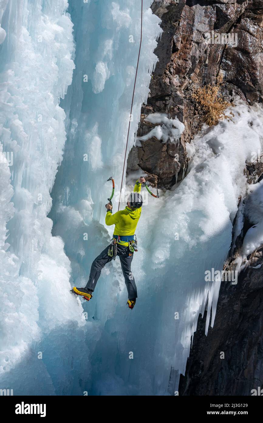 Im Ouray Ice Park, Colorado, skaliert ein Eiskletterer eine 100 m hohe Eiswand mit Eispickeln und Steigeisen auf seinen Stiefeln. Stockfoto