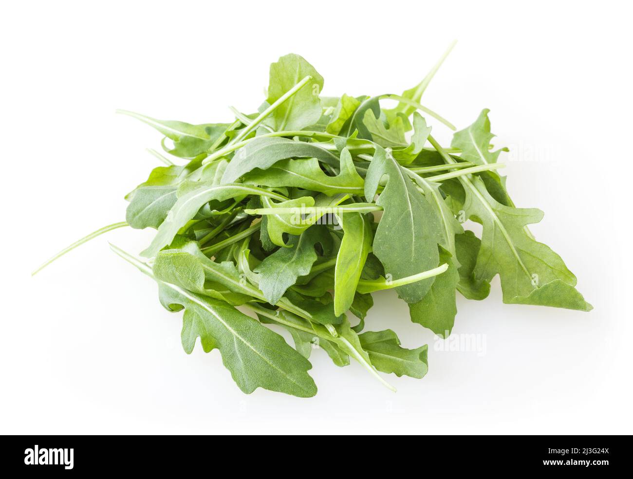 Haufen frischen Rucola Blätter auf weißem Hintergrund Stockfoto