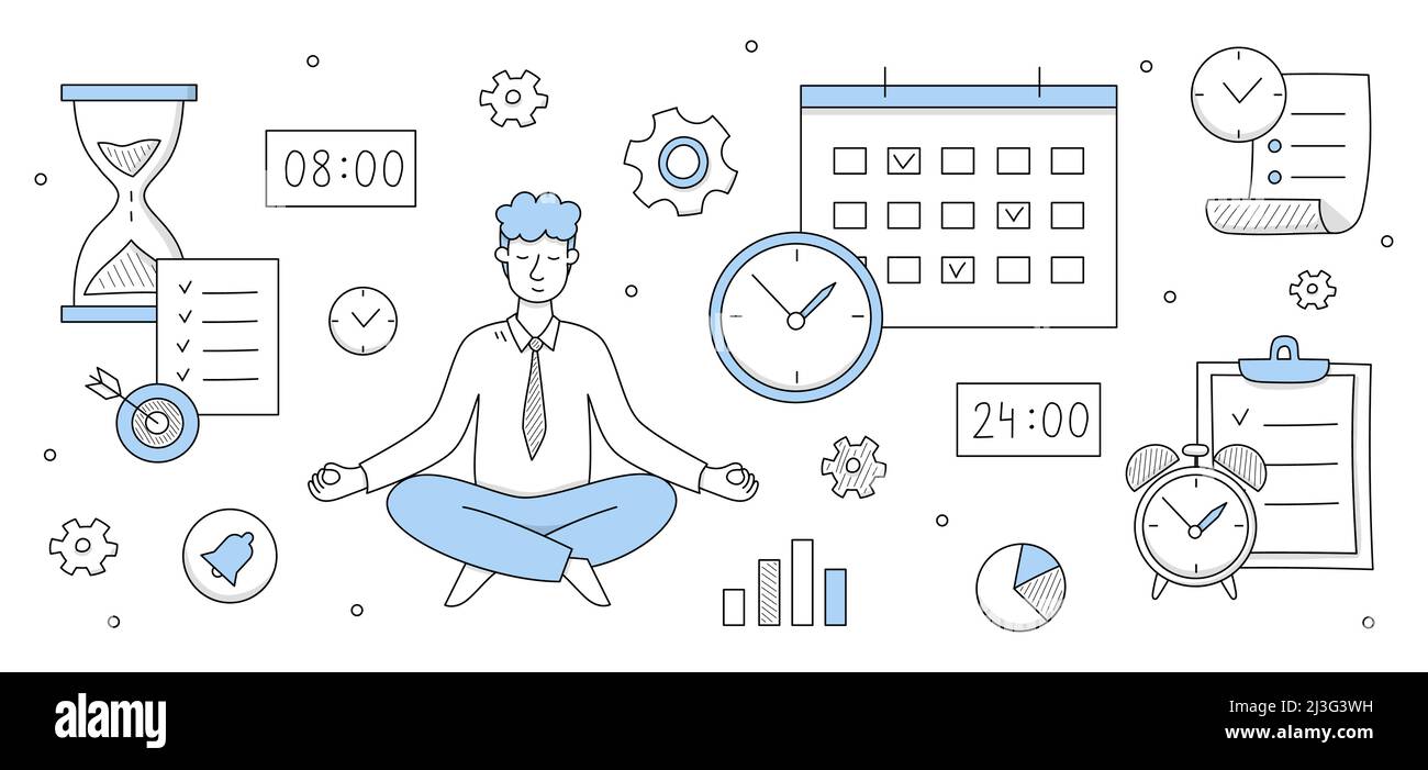 Geschäftsmann entspannt und meditiert in Lotuspose mit Büromaterial und Infografik-Doodle-Ikonen. Mitarbeiter Vermeiden Sie Stress und üben Sie Achtsamkeit Stock Vektor