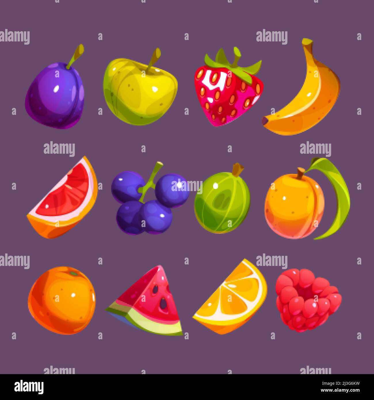 Symbole für Früchte und Beeren, Erdbeere, Pflaume, Orange, Apfel, Banane und Wassermelone. Vektor-Cartoon-Satz von Lebensmitteln Symbole, Himbeere, Pfirsich, Grapefruit slic Stock Vektor