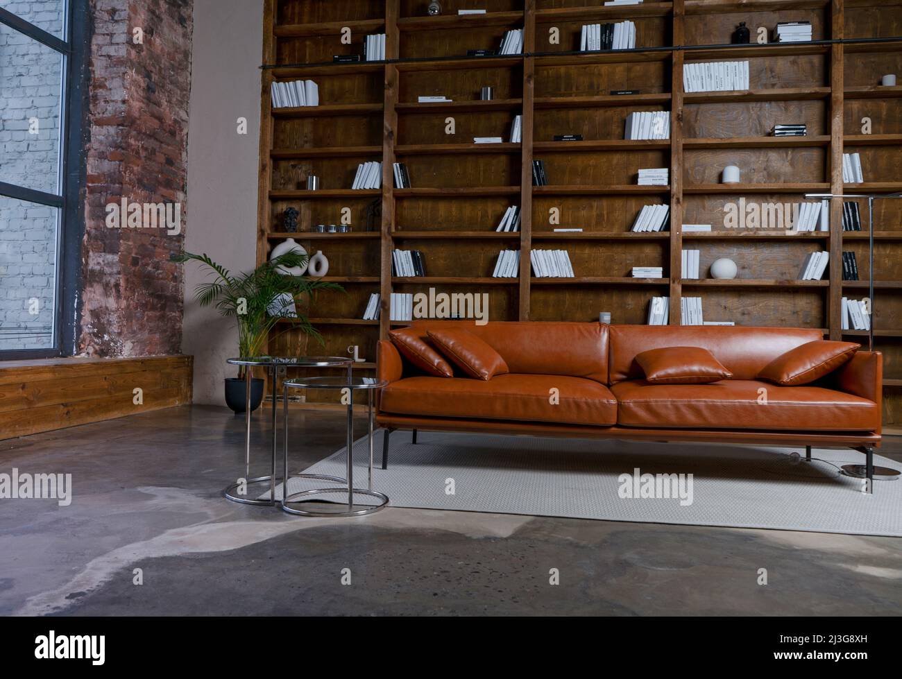 Bücherregale in der Bibliothek mit Buch. Großes Bücherregal mit vielen Büchern. Sofa im Zimmer zum Lesen von Büchern. Bibliothek oder Shop mit Bücherregal. Gemütlicher Hintergrund. Buchhandlung, Buchhandlung. Stockfoto