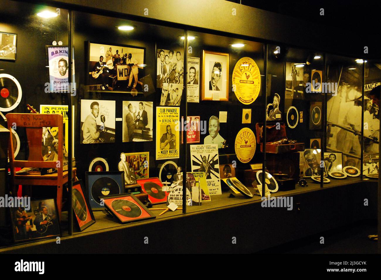 A Display at Sun Studios Museum in Memphis, Tennessee zeigt die Geschichte der Musik in der Stadt, von Blues, Jazz und Rock Stockfoto