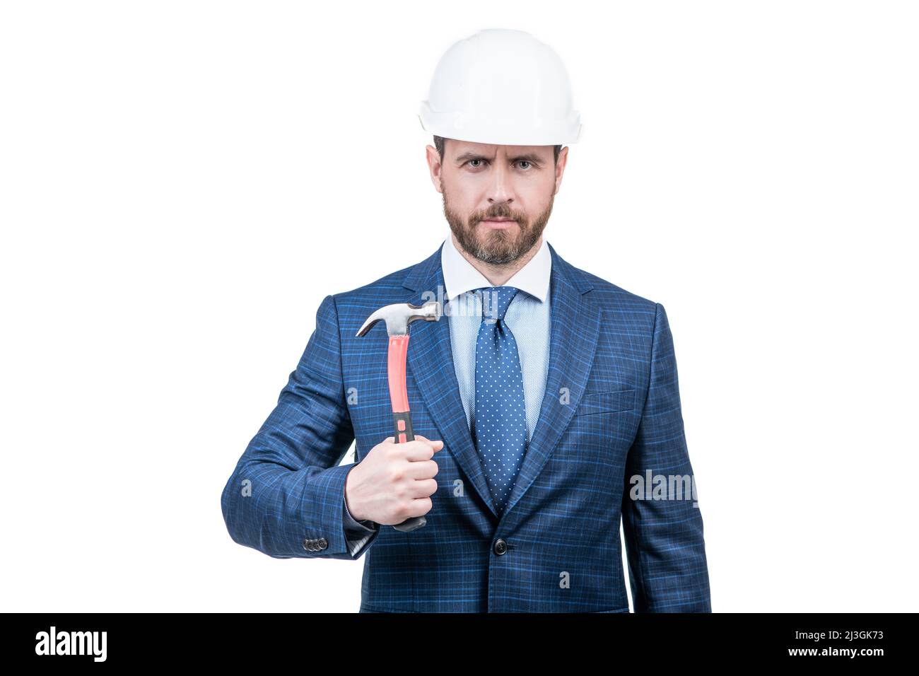 Renovieren Sie Ihren verlorenen Traum. Bauleiter hält Hammer. Aufbau und Montage Stockfoto