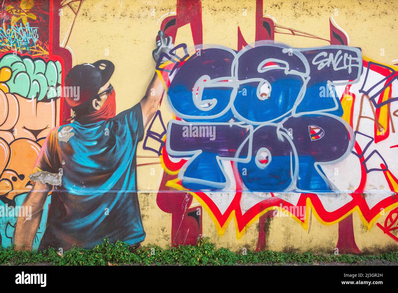 Frankreich, Isere, Grenoble, Geschichte des Schreibens Fresko erstellt von der Vereinigung der Künstler Contraak für das Street Art Fest Grenoble Alpes 2015 Stockfoto