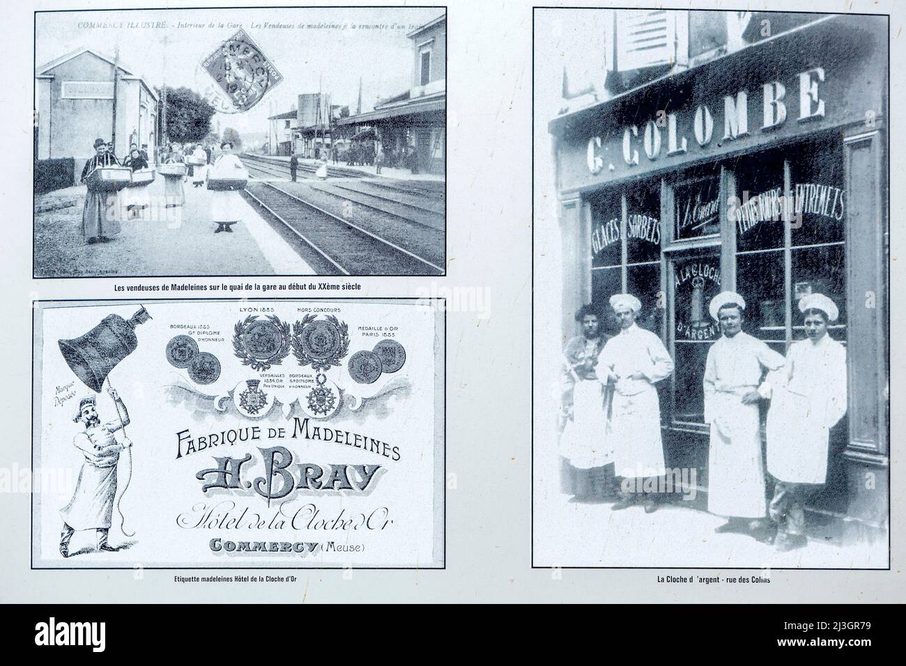 Frankreich, Maas, Commercy, Detail der Fotos, die madeleine-Verkäufer auf der Plattform des Commercy-Bahnhofs zu Beginn des 20.. Jahrhunderts und die Fassade eines madeleine-Ladens sowie ein schwarz-weißes Werbeplakat auf einer Tafel vor dem Laden und der Werkstatt, die Madeleines in der Commercy La Boite à Madeleines anstellt Von den Gebrüdern Zins, Madeleiniers seit 1951 Stockfoto