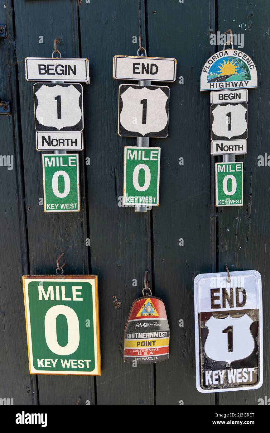 USA, Florida, Key West, die Keys, Erinnerungen an Miles O, Panel materialisieren den Mythos von US 1, seinem Anfang und Ende, Kilometer Null Stockfoto