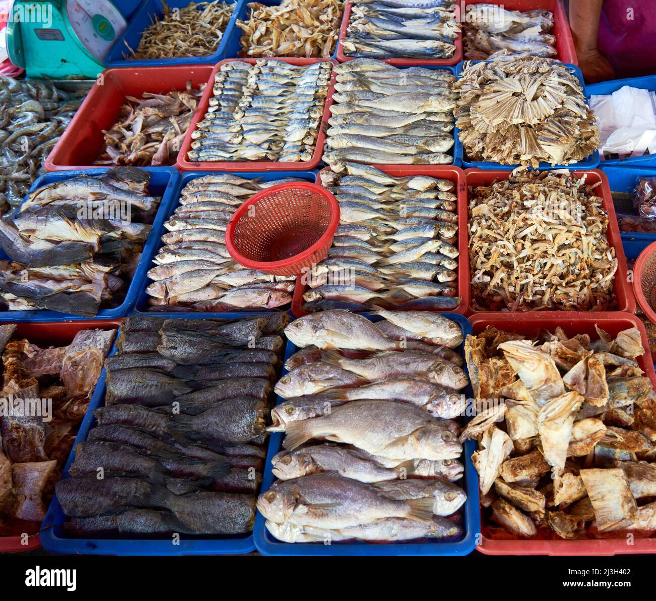 Körbe mit frischem Fisch und Meeresfrüchten auf einem asiatischen Straßenmarkt in Kuala Lumpur, Malaysia. Stockfoto