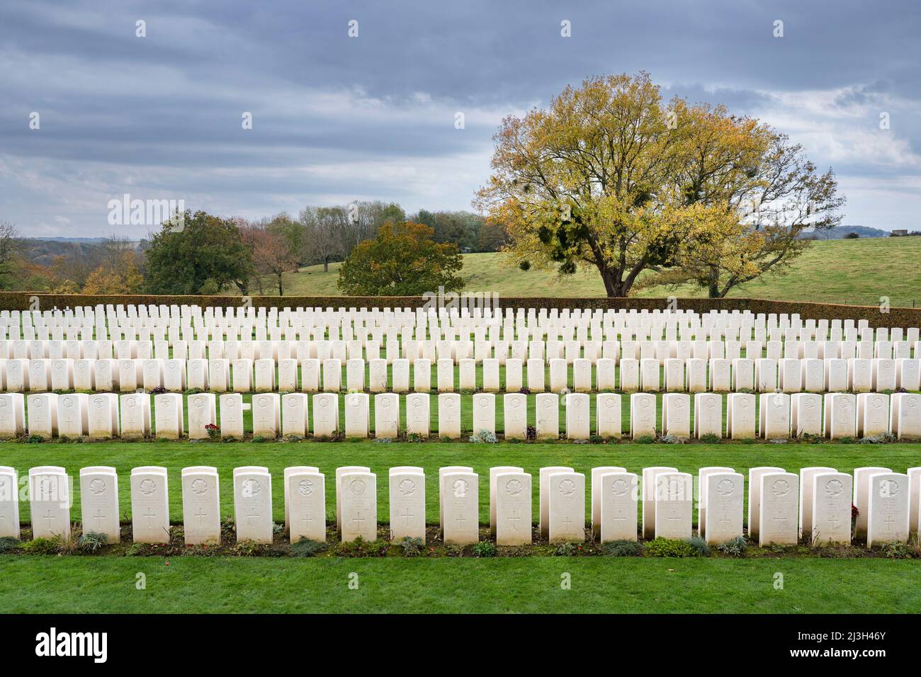 Frankreich, seine Maritime, Hautot-sur-Mer, Vertus-Friedhof, kanadischer Militärfriedhof in Dieppe, 955 Soldaten sind begraben, die meisten von ihnen starben während der Operation Jubilee, alliierte Landung in Dieppe im Jahr 1942 Stockfoto