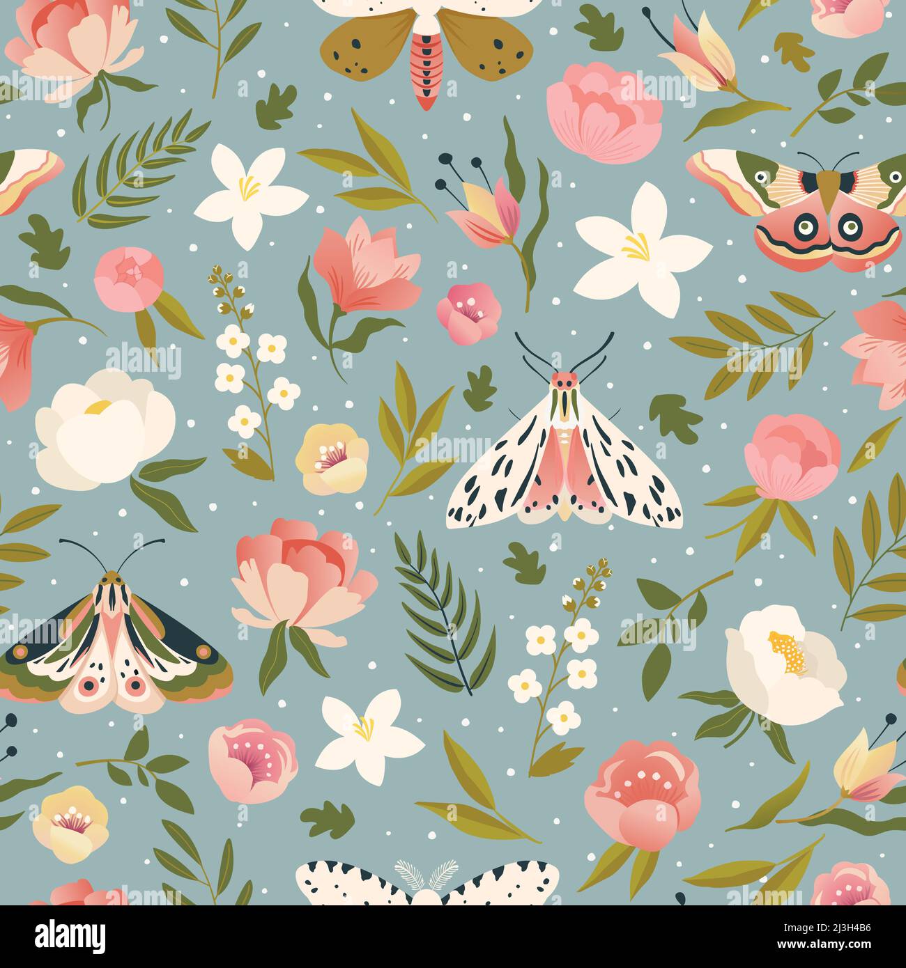 Buntes Nahtloses Muster mit Insekten und Blumen. Schmetterlingsdesign. Stock Vektor