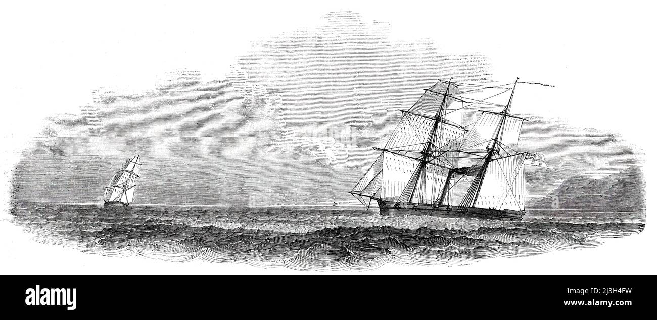 H.M. Steamer "Rifleman", in Chase of a Brazilian Slaver, 1850. Royal Navy Schiff verfolgt ein Sklavenschiff '...die Brigg wurde von der Rifleman beobachtet, Lenkung weg für das Land. Sofort wurde Jagd gemacht, die lange Zeit fortgesetzt wurde; Aber wegen der guten Segeleigenschaften der Brigg und der ungefähr sieben Meilen nach Wind zu sein, machte sie, sehr unglücklicherweise, durch die Hilfe der Squall nach Wind, ihre Flucht und landete 500 Schwarze nach Norden von Cape Frio zehn Tage danach. Dies war jedoch die erste Instanz eines entweichenden Schiffes, als es einmal von Rifleman beobachtet wurde. Der Sklavenhalter war suppo Stockfoto
