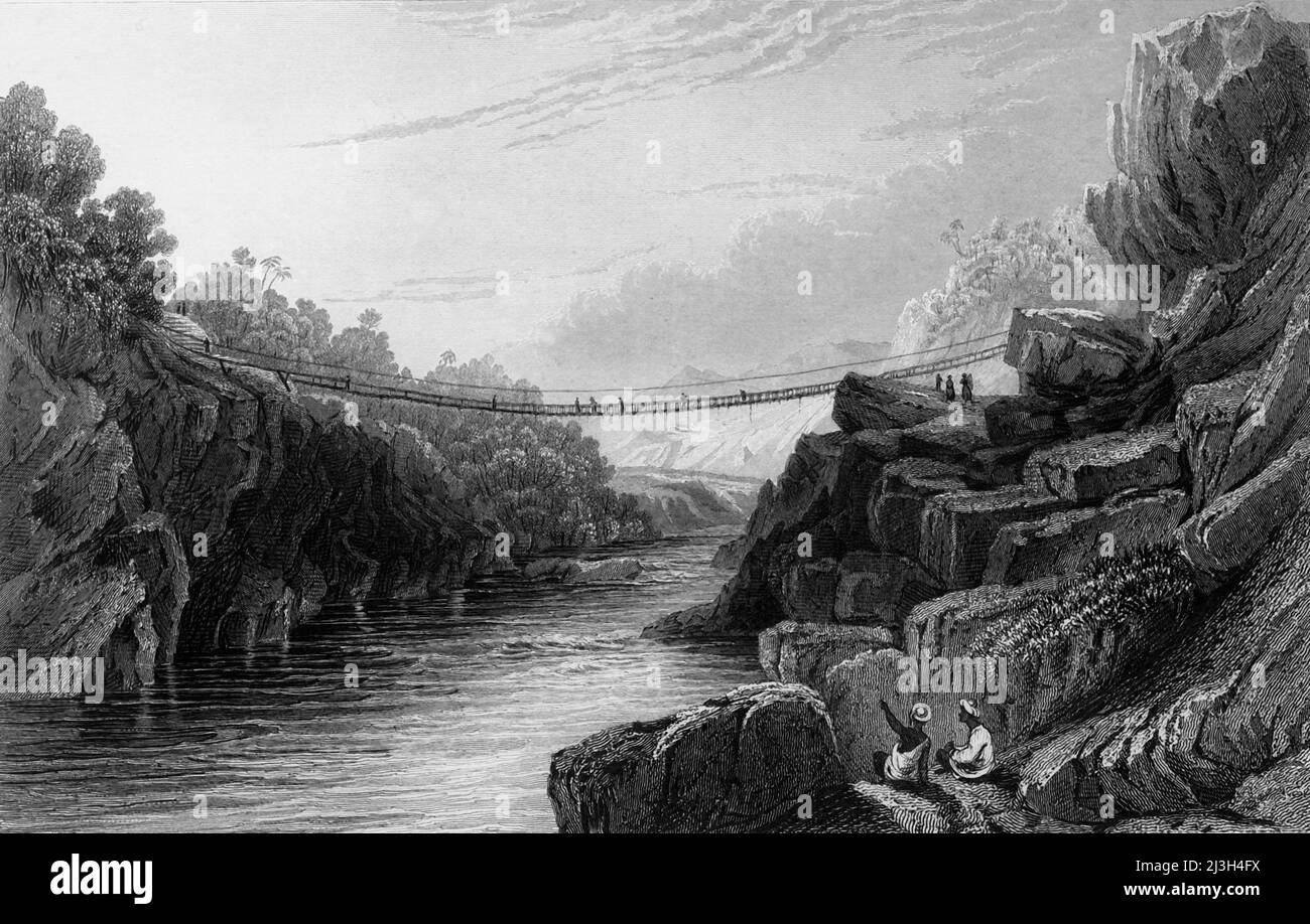 'Grass Rope Bridge at Teree, - Gurwall', 1834. Fußgängerbrücke über einen Fluss bei Tehri Garhwal in Uttarakhand, Indien. Aus „Views in India, China and on the Shores of the Red Sea, Vol. I“. [Fisher, Son &amp; Co., London, 1835] Stockfoto