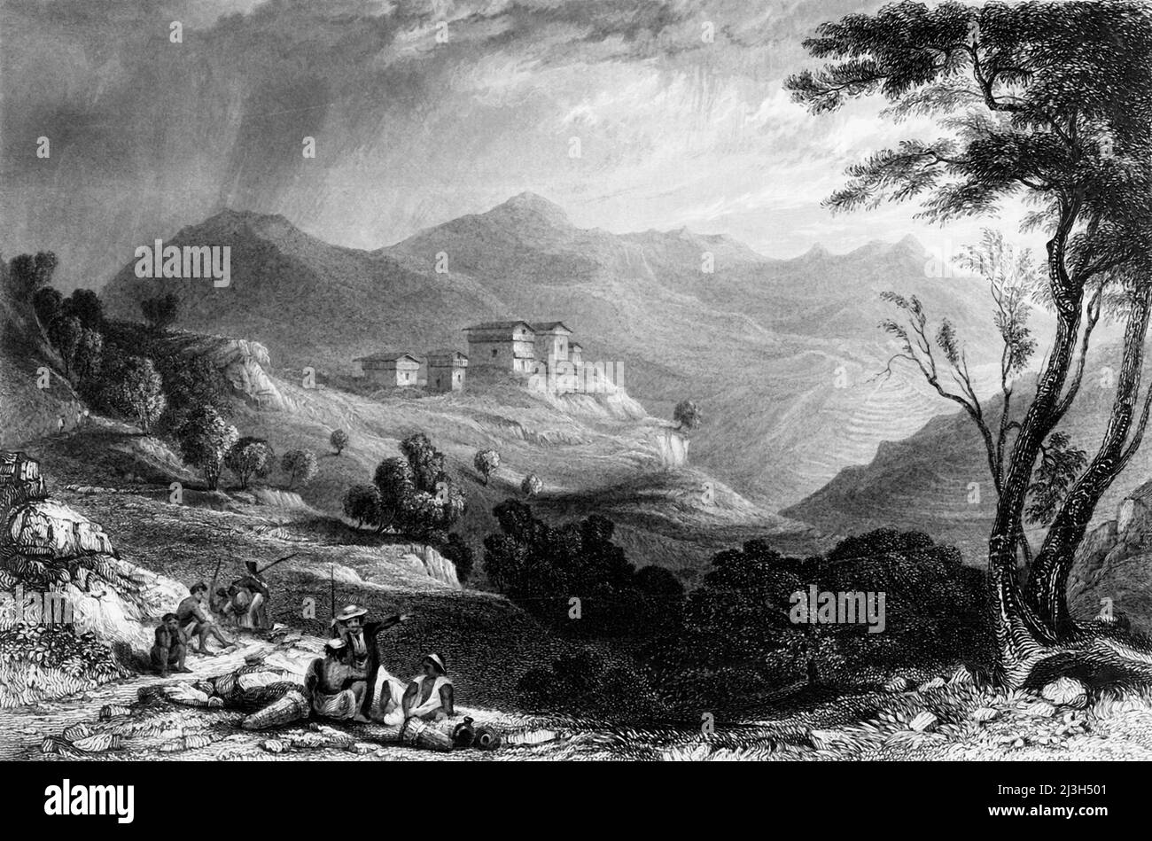 „Dorf Naree“, 1845. Ländliche Szene in Indien. Aus "Hindostan, The Shores of the Red Sea, and the Himalaya Mountains, Vol. I". [Fisher, Son &amp; Co., London, 1845] Stockfoto
