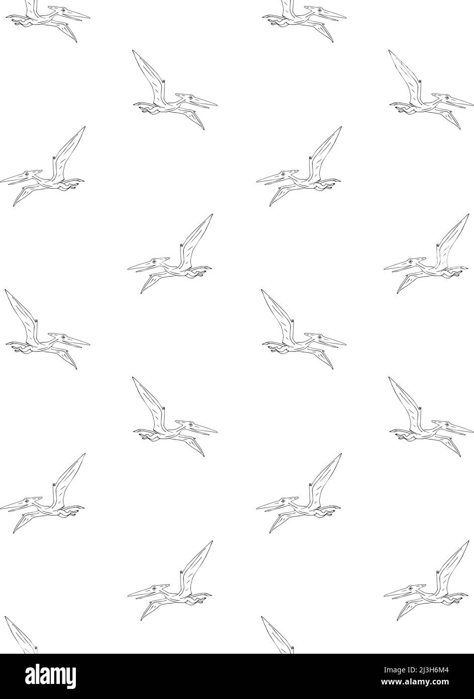 Vektor nahtloses Muster von schwarzen handgezeichneten Umriss Skizze fliegenden pterodactyl Dinosaurier isoliert auf weißem Hintergrund Stock Vektor