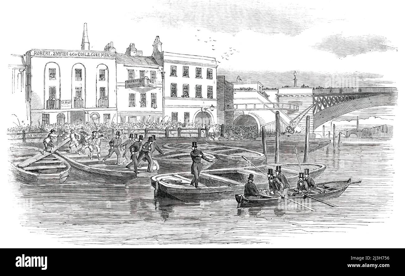 Der späte Angriff auf Marschall Haynaus - Flucht von Marschall Haynaus in der Polizeigaleere, 1850. Während eines Besuchs in London wurde der österreichische General Julius Jacob von Haynaus von einem wütenden Mob angegriffen, der sich gegen die "sanguinäre Grausamkeit während der späten Militäroperationen, die er als Oberbefehlshaber gegen die Ungarn führte" einwandte. Diese Grausamkeit hat ihm in der ganzen zivilisierten Welt den berüchtigten Titel des "Schlächters Haynau"...in beschert.kurze Zeit kam Inspektor Squires mit einer Reihe von Polizisten und mit großer Polizei im George [Inn, wo Haynou versucht hatte, Zuflucht zu suchen] an Stockfoto