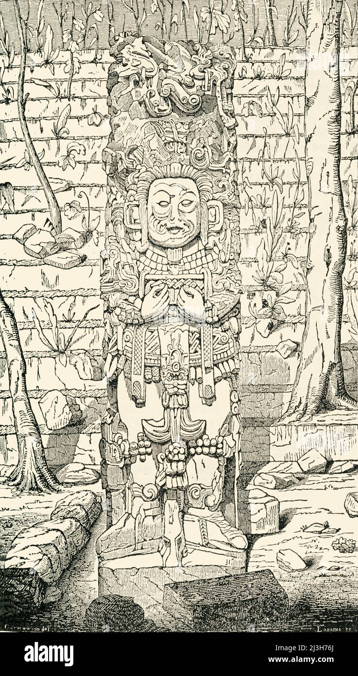 „Monument at Copan“, 1849. Maya-Skulptur bei Cop &#xe1;n in Honduras. Aus "Pictorial History of Mexico and the Mexican war", von John Frost, LL.D.. [Thomas, Cowperthwait and Co., Philadelphia, 1849] Stockfoto