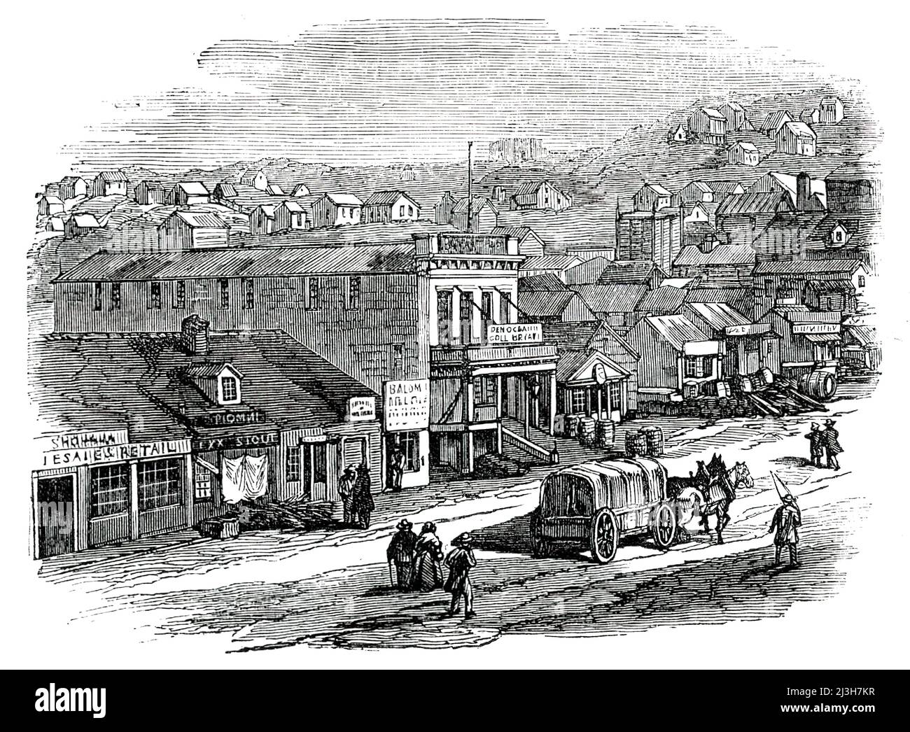 Blay-Place, San Francisco, 1850. Gravur von einem Daguerreotyp, zeigt '...Blay-Place, mit seinen Geschäften und Geschäften...aber zwei Jahre seit...San Francisco war ein Weiler von unhöflichen Hütten: Heute ist es eine große Stadt, ein Lager, oder besser gesagt eine Karawanserei, von 50.000 bis 100.000 Seelen...M. Patrick Dillon, Ex-Konsul von Frankreich auf den Sandwich-Inseln und jetzt Konsul in San Francisco, schätzt die Zahl der Auswanderer, die auf dem Seeweg nach Kalifornien kommen, auf 2000 pro Tag; Und es gibt eine fortgesetzte Bewegung in Richtung der [Gold-] Minen von allen Seiten, landwärts ... die Straßen von San Francisco, parallel zur Bucht, sind Stockfoto