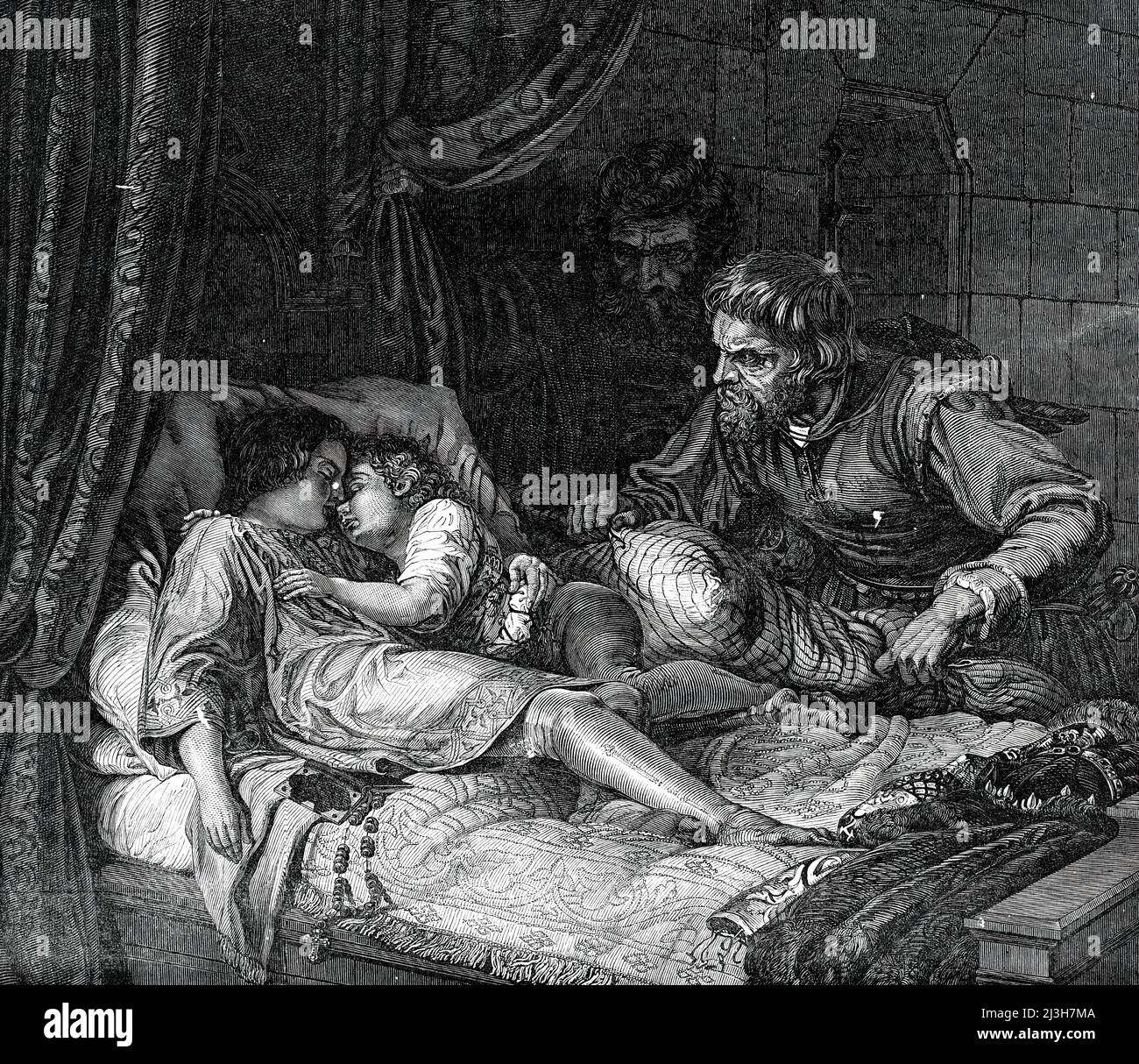 Mord an den beiden Prinzen im Turm - (die S&#xf6;hne Eduards IV.) - Gemalt von Hildebrandt, 1850. „Lange nachdem Richard III. Selbst aufgehört hatte zu existieren, wurde über den Tod der Prinzen erhebliche Zweifel erhaben; Und die Geschichte von Perkin Warbeck, der behauptet, einer von ihnen zu sein, wurde in seiner eigenen Zeit für wahr gehalten und wird sogar in unserer Zeit geglaubt, dies gewesen zu sein. Der "Blutturm", der angeblich Schauplatz dieser Katastrophe gewesen sein sollte und in der Folge seinen Namen erhalten haben sollte, wurde fast ein Jahrhundert später "Gartenturm" genannt und erhielt nur den Namen Stockfoto