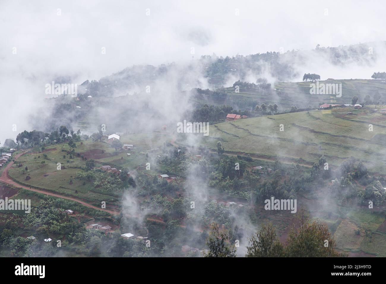 Uganda, Distrikt Kanungu, Ruhija, Felder und Häuser im Nebel Stockfoto