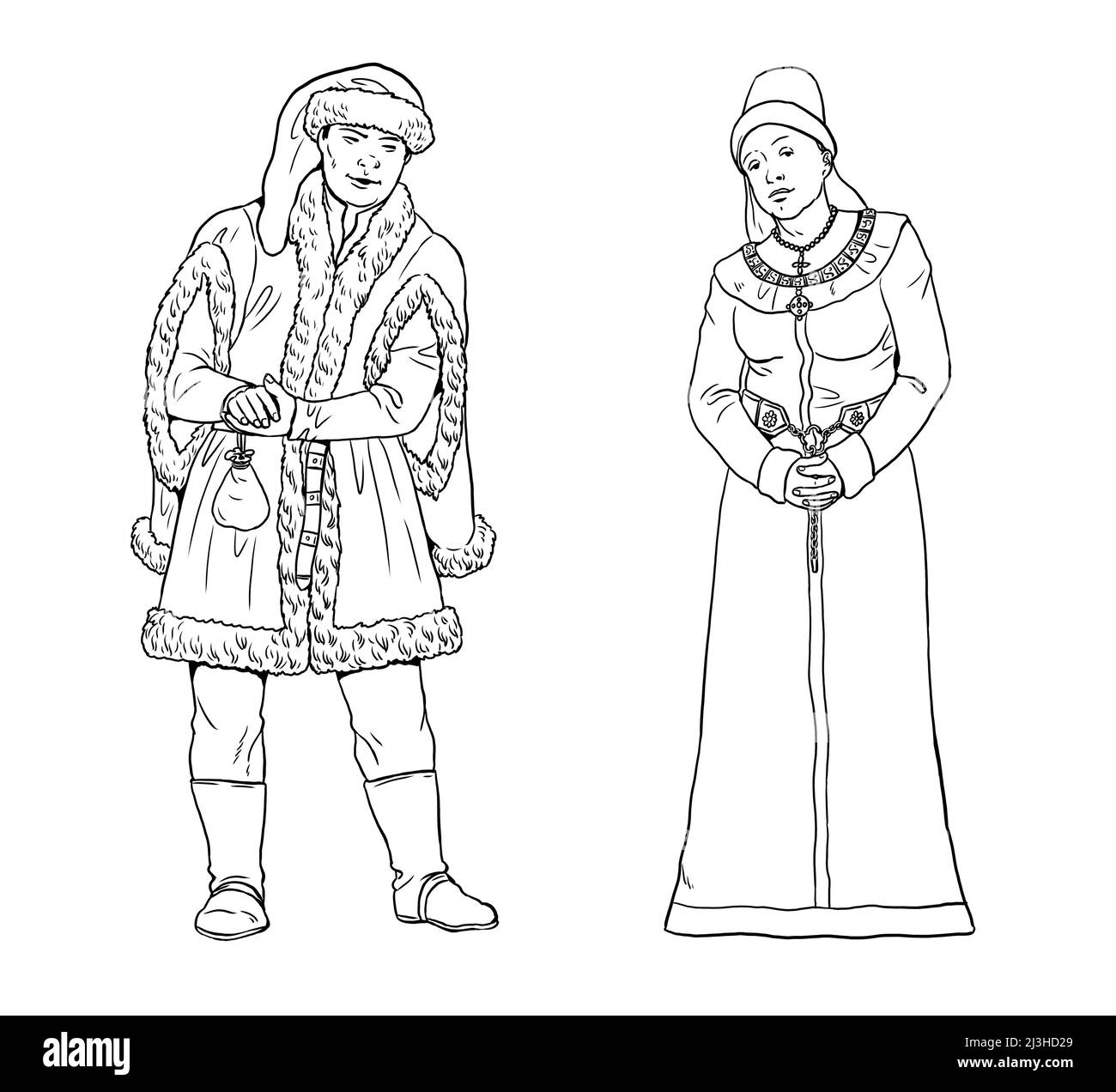 Mittelalterliche Höflinge. Mittelalterliche Kleider für Mann und Frau. Zeichnung. Stockfoto