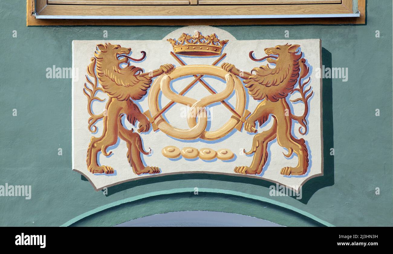 Symbol für Backeis, Alpine Lüftlmalerei in Wallgau, Oberes Isartal, Oberbayern Stockfoto