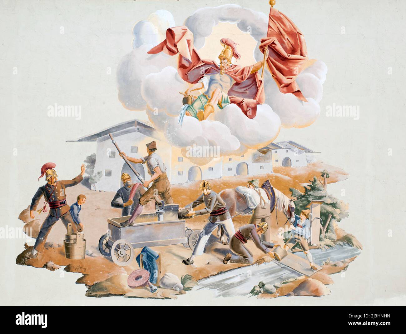 Alpine Volkskunst, Lüftlmalerei in Mittenwald, Rettung, Bergung, Löschen, Schützen, die grundlegenden Aufgaben der Freiwilligen Feuerwehr. Stockfoto