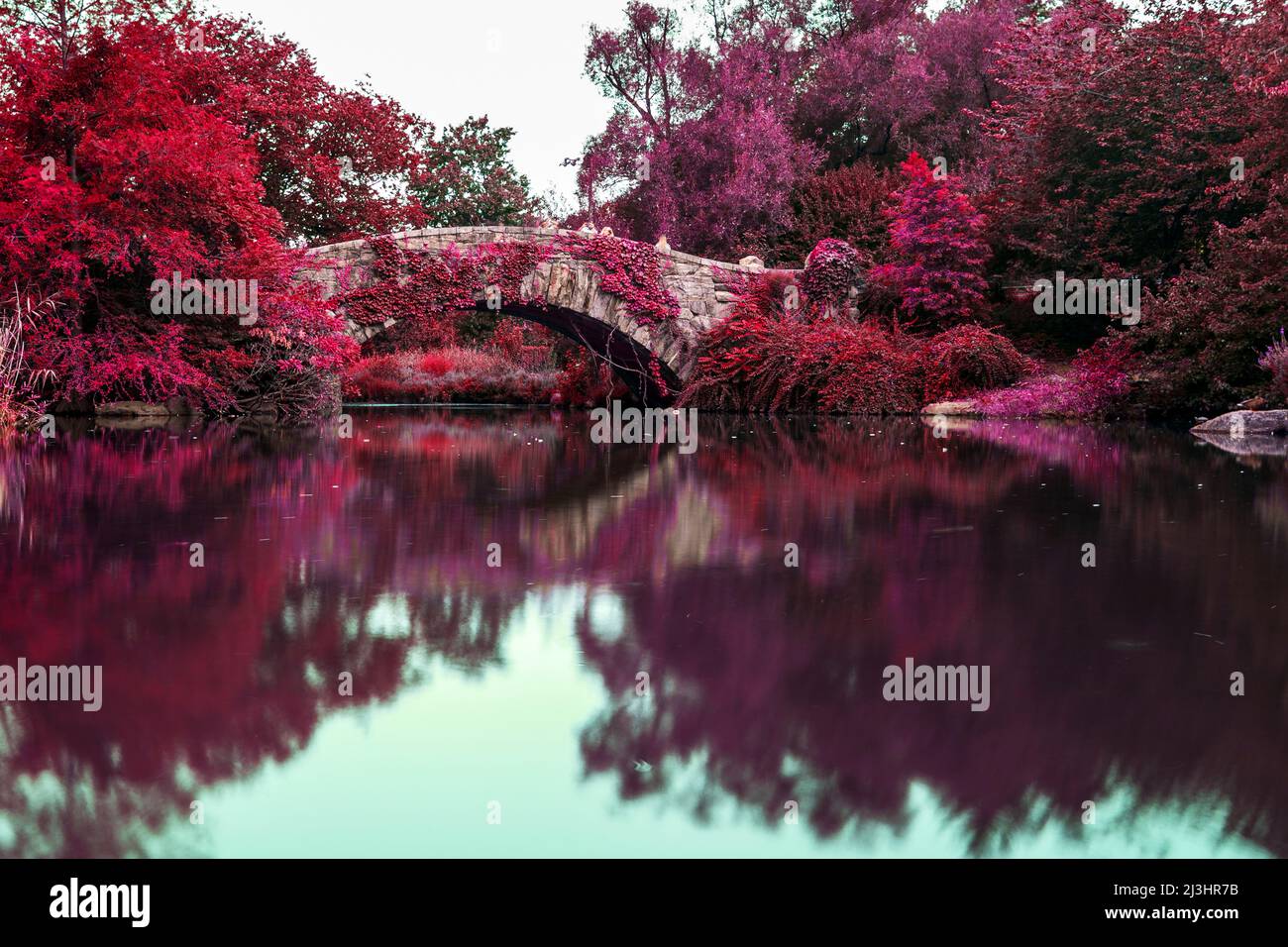 Gapstow Bridge, New York City, NY, USA, The Stone Bridge die Gapstow Bridge ist eines der Wahrzeichen des Central Parks. Das Bild ist farblich verändert Stockfoto