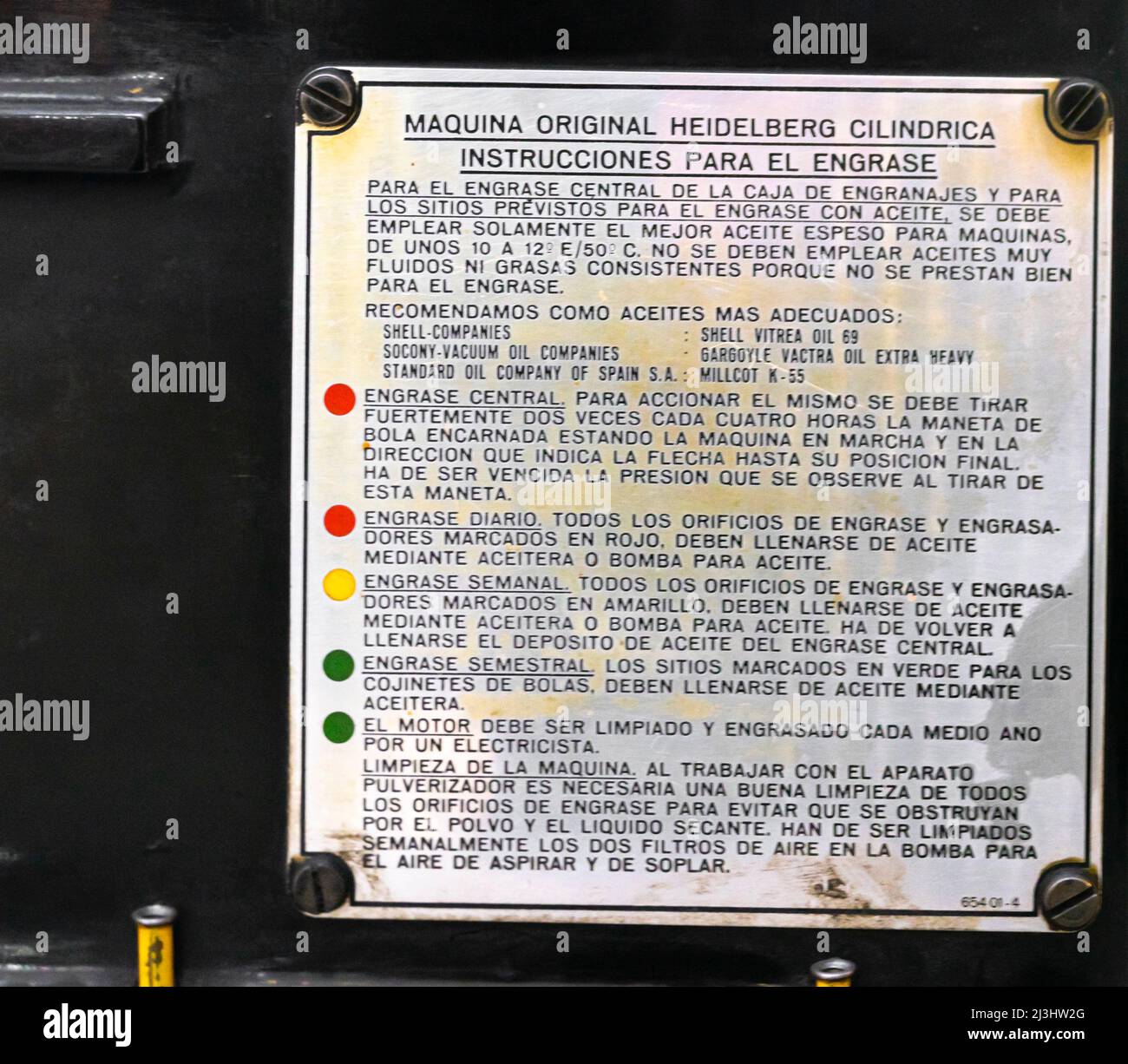 Anweisungsplatte auf Spanisch für Heidelberg Zylinder 50 x 70 automatische Zylinderpresse, 1958. Retro-Druckmaschinen. Stockfoto