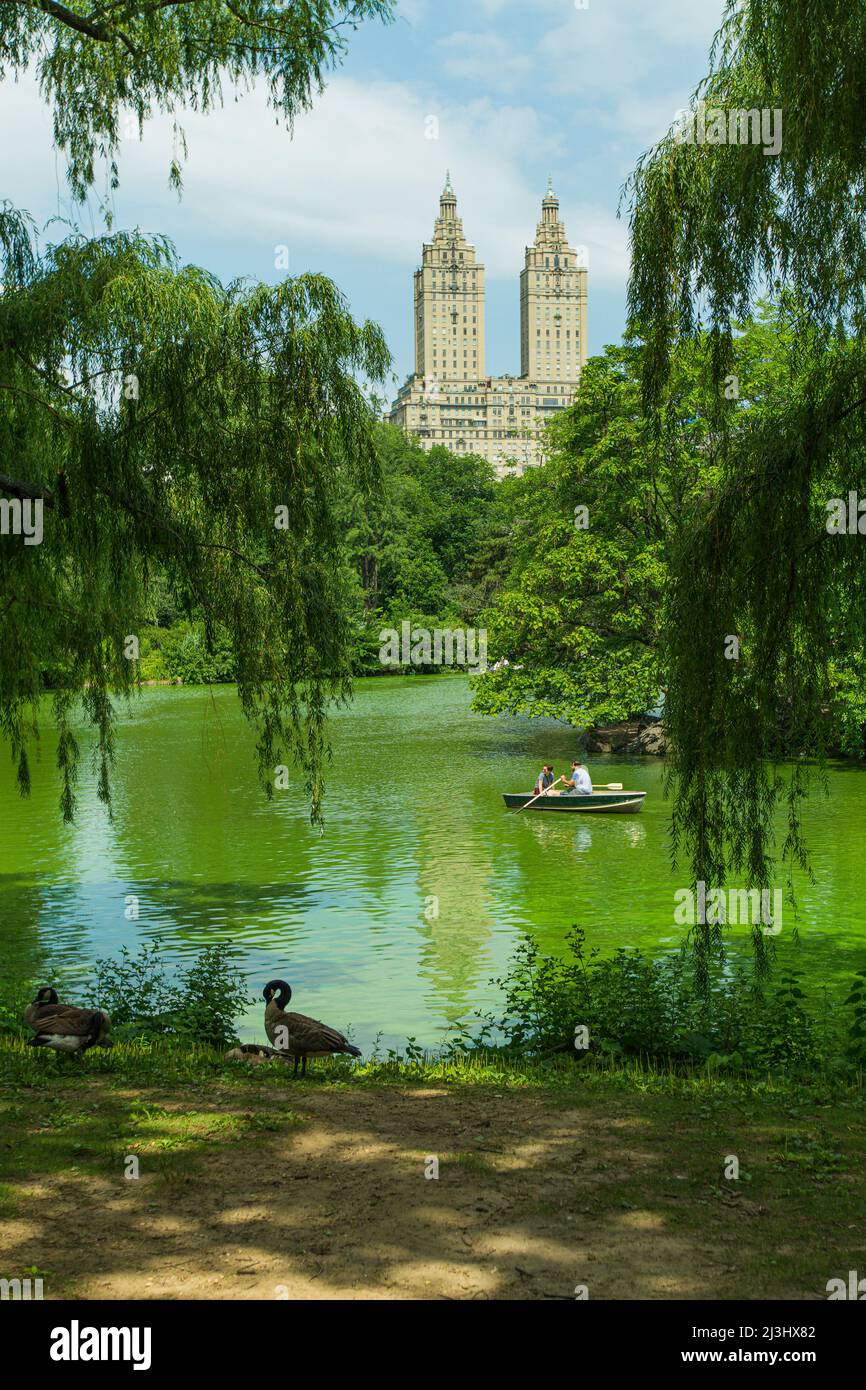 Central Park West, historisches Viertel, New York City, NY, USA, Die zwei Türme des San Remo Gebäudes (Architekt Emery Roth - Beaux-Art Stil - National Register of Historic Places) vom Central Park aus gesehen Stockfoto