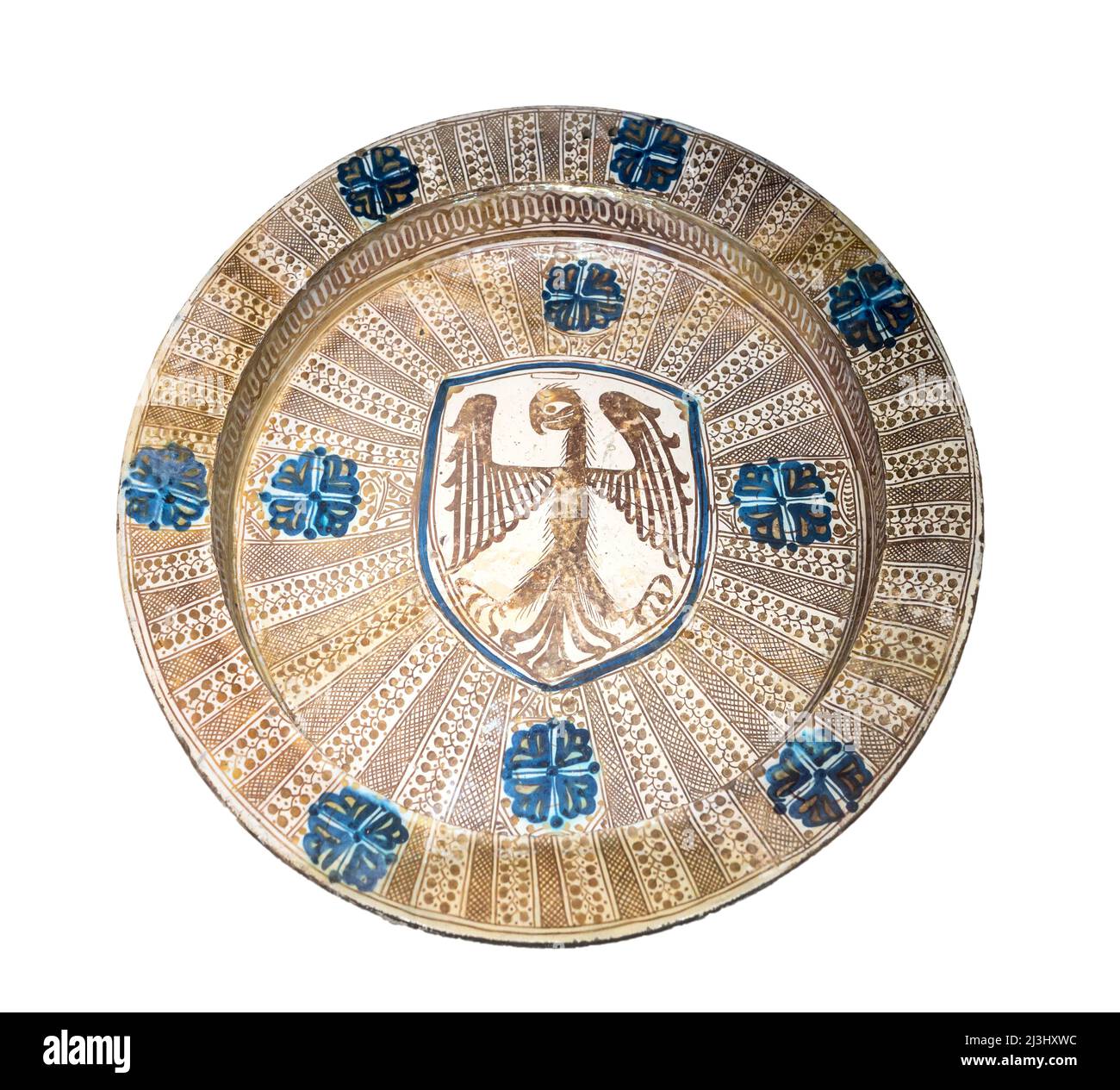 Mudejar, Keramikschale mit Goldglasur aus Lustreware, 15.. Jahrhundert, aus Manises, Valencia, Spanien. Manisanische Lusterware wurde von islamischen Designs beeinflusst Stockfoto