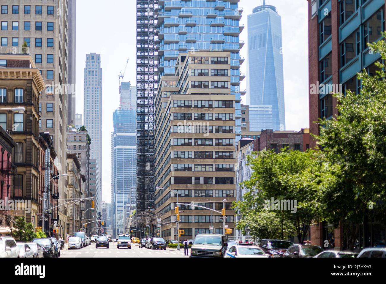 Tribeca, New York City, NY, USA, Skyscraper und One World Freedom Tower Stockfoto