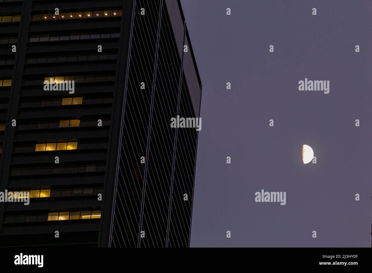 FULTON ST, New York City, NY, USA, der Mond scheint heller neben dem neuen One World Trade Center in Lower Manhattan Stockfoto