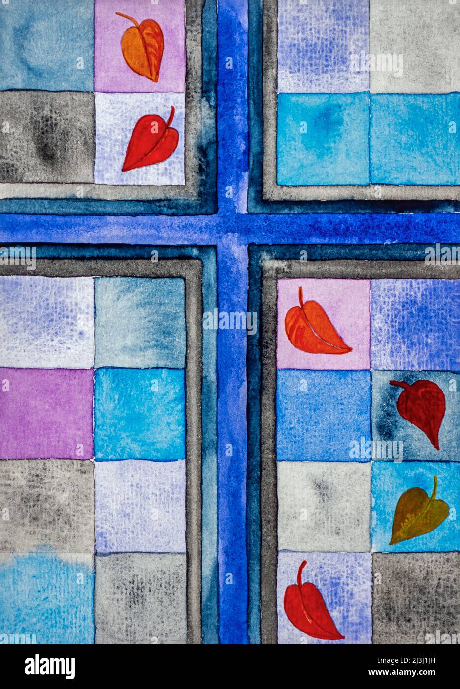 Aquarell von Heidrun Füssenhäuser, blau-schwarzes dunkles Kreuz, Hintergrund heller. Rote Blätter fallen und weisen auf den Herbst des Lebens hin. Stockfoto