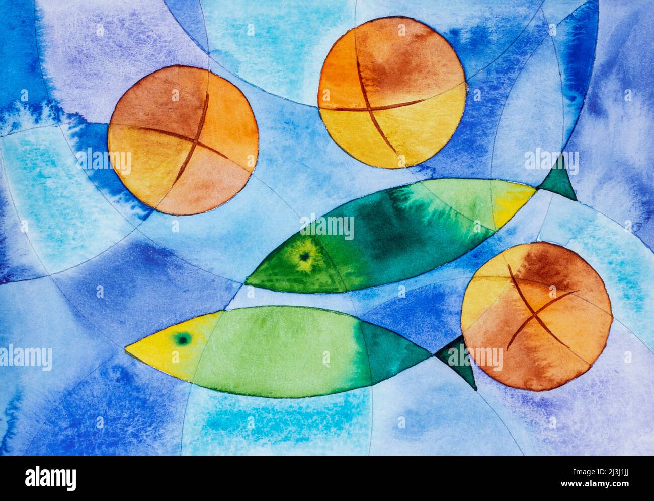 Aquarell von Heidrun Füssenhäuser drei Brote, zwei Fische, auf blauem Grund Stockfoto